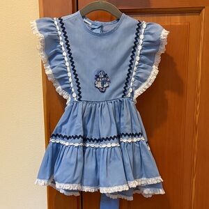 Blue Ruffled VINTAGE dress Embroidered Raggedy Ann ~2T EUC